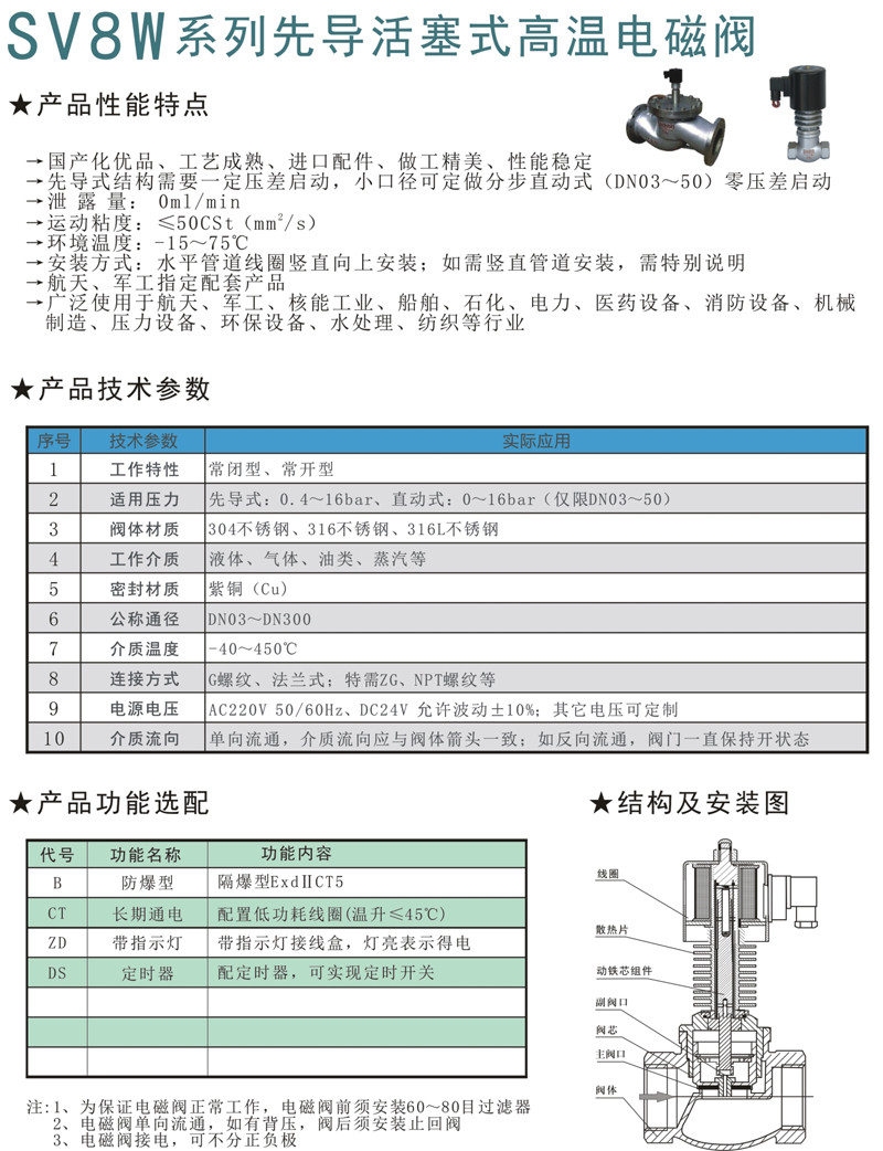 SV8W先导活塞式高温电磁阀